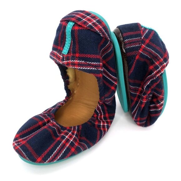 Tieks Ballet Flats Heritage Plaid Slip-on Travel Round Toe Red Blue Foldable 8M - Picture 1 of 7